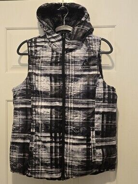 Gerry Reversible Hooded Puffer Vest Black Abstract Print Women's Size M